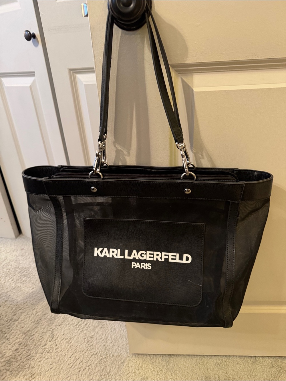 Karl Lagerfeld Black Mesh Logo Tote with leather front placket with logo